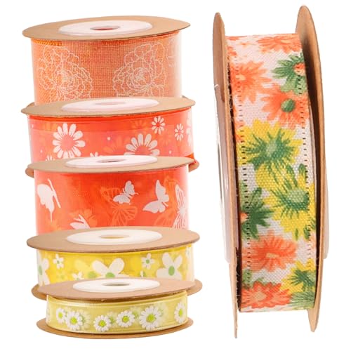 FONDOTIN 6 Rollen Bedrucktes Polyester Organza Satinband mit Blumenmuster Strapazierfähiges und Bastelband pro Vielseitig Verwendbar für Haarbänder und Partydekoration von FONDOTIN
