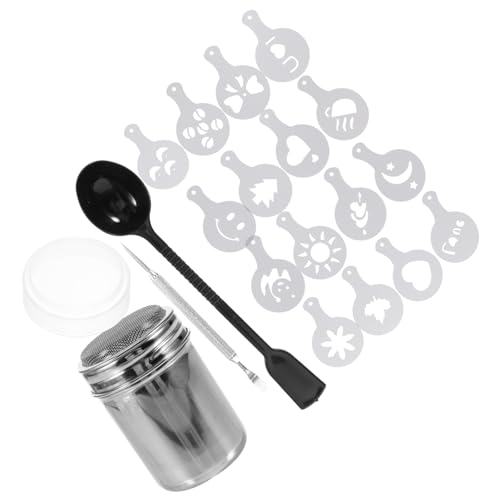 FONDOTIN Edelstahl Kaffee Dekorationsset mit Praktischen Latte Art Schablonen Puderzuckerstreuer Messlöffel und Stilvollem Stab für Cappuccino und Kuchen Verzierung von FONDOTIN