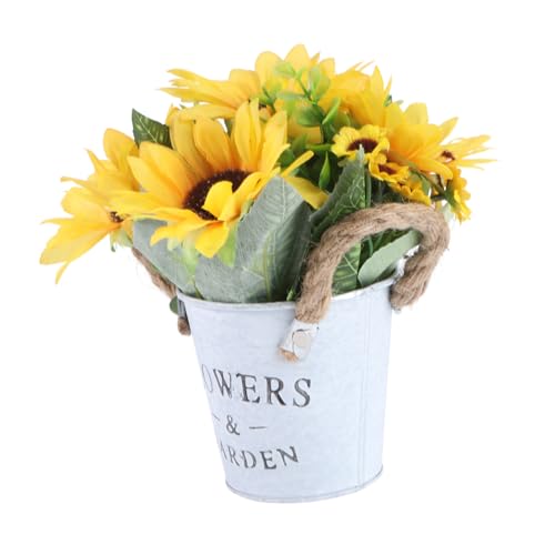 FONDOTIN Künstliche Sonnenblume im Vintage eisenblech wassereimer mit Grobem Juteseil Lebensechte Bonsai Dekoration für Wohnraum Büro Geschenkidee Realistische Sonnenblumendeko von FONDOTIN
