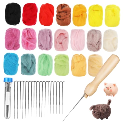 FONDOTIN Nadelfilz Komplettset mit Farben Filzwolle pro Farbe Grobe Mittlere Feine Filznadeln Großer Blauer Vorratsbehälter DIY Filzwerkzeug Trockenfilzen und Basteln von FONDOTIN