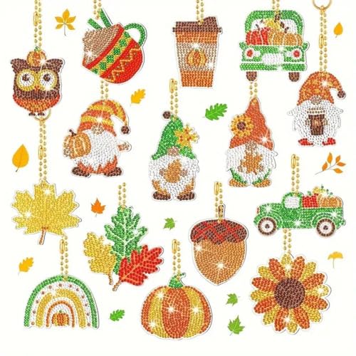 15 Stück Diamond Painting Herbst Basteln Set, Doppelseitige Diamond Painting Anhänger, DIY Diamant Painting Schlüsselanhänger Thanksgiving Geschenke für Kinder, Diamant Malerei Kits Herbstdeko (03) von FONDUO