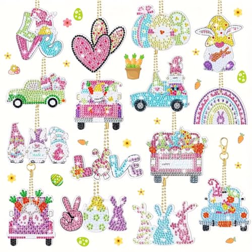 15 Stück Diamond Painting Ostern Basteln Set, Doppelseitige Diamond Painting Osterei Anhänger, DIY Diamant Painting Schlüsselanhänger Ostern Geschenke Kinder, Diamant Malerei Kits Frühling Deko (B) von FONDUO