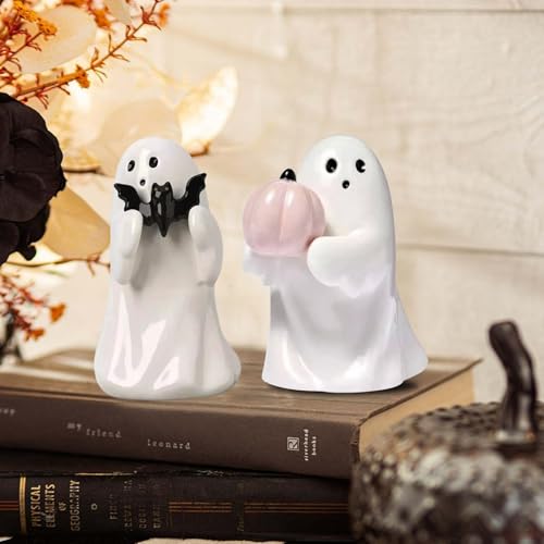 2 Stück Halloween Deko Geister Figuren mit Fledermaus Kürbis Deko Halloween Dekoration Innen Harz Geisterfigur Ornament Geist Tischdeko Geister Herbst Dekoration Statue Für Tisch Herbstdeko (A+B) von FONDUO