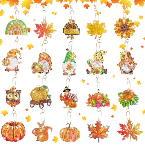20 Stück Diamond Painting Schlüsselanhänger, Doppelseitige Diamond Painting Herbstdeko Anhänger, Herbst Deko Mosaik Basteln Set, DIY Zwerg-Ahornblatt-Kürbis Diamantmalerei Thanksgiving Geschenke (A) von FONDUO