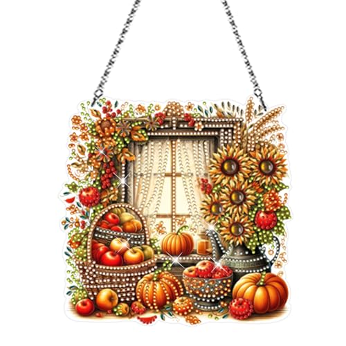 Diamond Painting Herbst Fensterbilder Kürbis, Herbstdeko Doppelseitig Diamant Painting Anhänger, DIY Diamond Painting Türkranz, 5D Diamant Malerei Fenster Bild Bastelset für Wand Tür Herbst Deko (01) von FONDUO