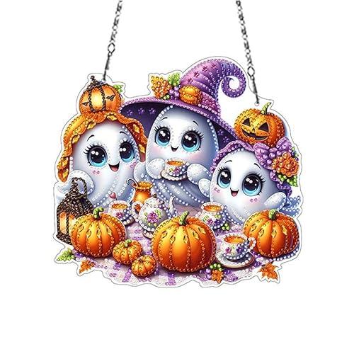 FONDUO DIY Diamond Painting Halloween Fensterbilder, Diamant Painting Kürbis Geist Girlande Deko Herbst Halloween Diamant Malerei Anhänger Fensterdeko Hängend Basteln Diamantmalerei Türkranz (A) von FONDUO