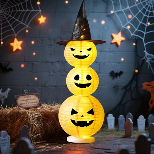 Halloween Laterne Kürbis Deko LED Licht Halloween Deko LED Kürbis Laterne Für Herbst Innen Outdoor Leuchtende Herbstdeko Kürbisse Papierlaterne Batterie Kürbislaterne Für Garten Terrasse (125cm) von FONDUO