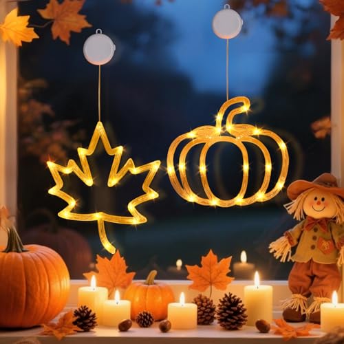 Herbst Deko Licht, Leuchtende Kürbis Ahornblatt Fensterlichter mit Saugnapf, Herbstdeko Fenster Deko LED Licht, Lichterkette Herbst Fensterdeko Beleuchtung Für Halloween Thanksgiving Innen (A+B) von FONDUO