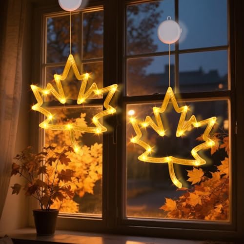 Herbst Dekoration, Orangefarbener Kürbis Ahornblatt Fensterlichter mit Saugnapf, Herbstdeko Fensterbeleuchtung, Lichterkette Herbst Für Fensterdeko, Innenbeleuchtung Für Fenster Thanksgiving (Ax2) von FONDUO