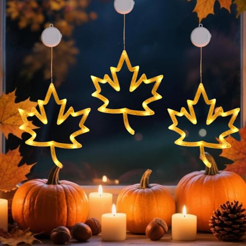 Herbstdeko LED Ahornblatt Licht Herbst Dekoration Innen Fensterlichter mit Saugnapf Wasserdicht Herbst Deko Fenster Lichter Halloween Deko Kürbis Lichterkette Fensterdeko Herbst Dekoration (Ax3) von FONDUO