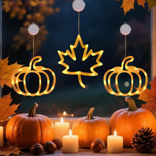 Herbstdeko LED Kürbis Licht Herbst Dekoration Innen Fensterlichter mit Saugnapf Wasserdicht Herbst Deko Fenster Lichter Halloween Deko Kürbis Lichterkette Fensterdeko Herbst Dekoration (3 Stk) von FONDUO