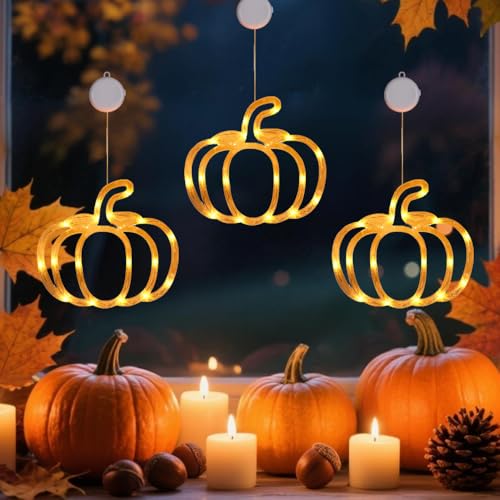 Herbstdeko LED Kürbis Licht Herbst Dekoration Innen Fensterlichter mit Saugnapf Wasserdicht Herbst Deko Fenster Lichter Halloween Deko Kürbis Lichterkette Fensterdeko Herbst Dekoration (Bx3) von FONDUO