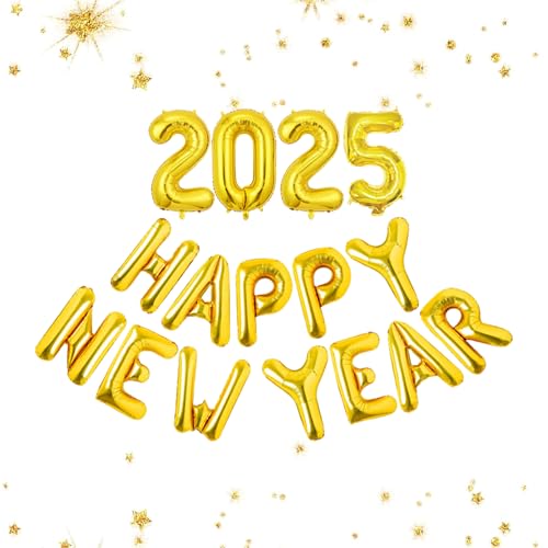 Silvester Luftballon 2025, Zahlen Ballon für Neujahr Deko, Happy New Year Deko Luftballon Gold, Folienballon für Geburtstag Party Neues Jahr Deko von FONDUO