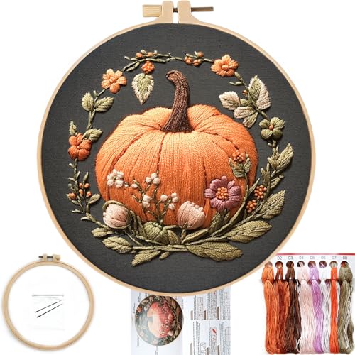 FONNUY Kürbis-Stickset für Anfänger, vorgestempelte Muster-Sets für Erwachsene mit Reifen, leicht verständliche Farbfaden-Nadelarbeiten, 20,3 cm (8 Zoll), Orange von FONNUY