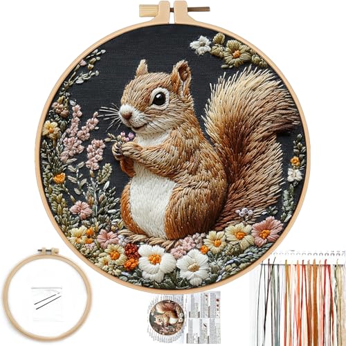 FONNUY Lustiges Eichhörnchen-Blumen-Stickset, Kreuzstich-Set für Anfänger, handgefertigtes Handwerk mit gedruckten Mustern für Anfänger und Erwachsene, leicht verständliche Farbfaden-Nadelarbeit, 20,3 von FONNUY