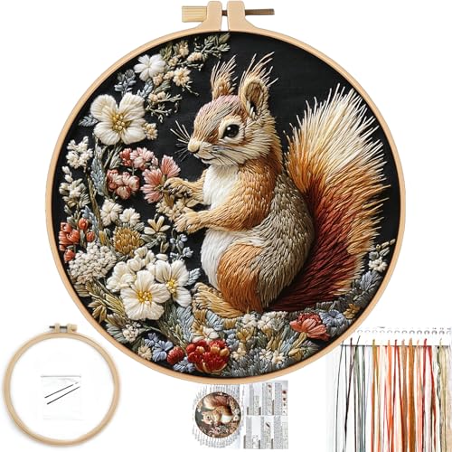 FONNUY Lustiges Eichhörnchen-Blumen-Stickset, Kreuzstich-Set für Anfänger, handgefertigtes Handwerk mit gedruckten Mustern für Anfänger und Erwachsene, leicht verständliche Farbfaden-Nadelarbeit, 20,3 von FONNUY