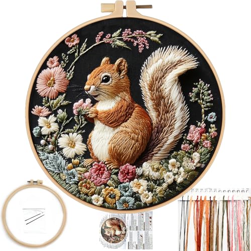 FONNUY Lustiges Eichhörnchen-Blumen-Stickset, Kreuzstich-Set für Anfänger, handgemachtes Handwerk mit gedruckten Mustern für Anfänger und Erwachsene, leicht verständliche Farbfaden-Nadelarbeit, 20,3 von FONNUY