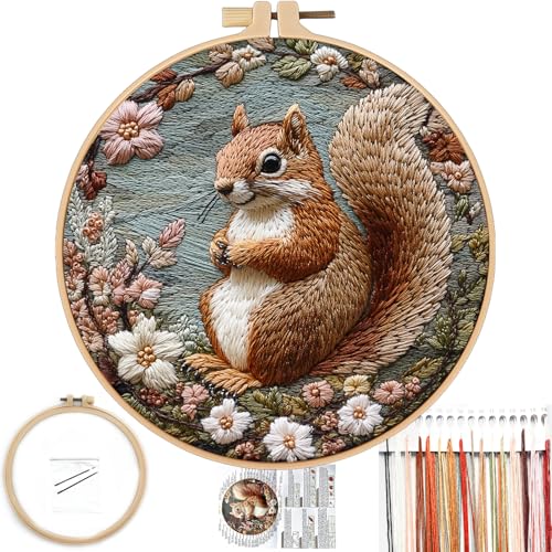 FONNUY Lustiges Eichhörnchen-Blumen-Stickset, Kreuzstich-Set für Anfänger, handgemachtes Handwerk mit gedruckten Mustern für Anfänger und Erwachsene, leicht verständliche Farbfaden-Nadelarbeit, 20,3 von FONNUY