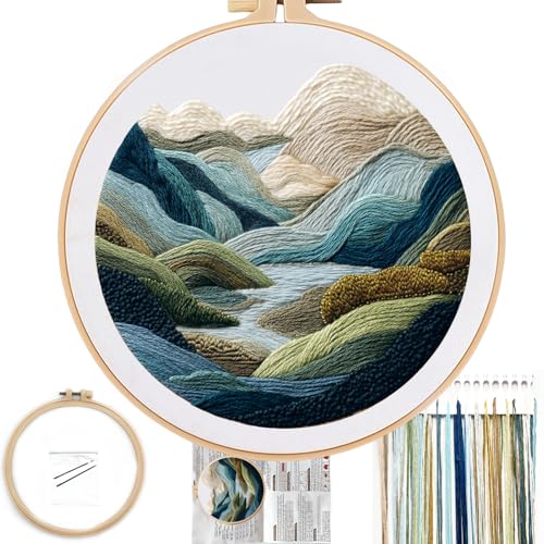 FONNUY Stickset für Anfänger, Naturhill-Landschaft, vorgestanzte Muster-Sets für Erwachsene mit Reifen, leicht verständliche Farbfaden-Nadelarbeit, 20,3 cm (grüne Hügel) von FONNUY