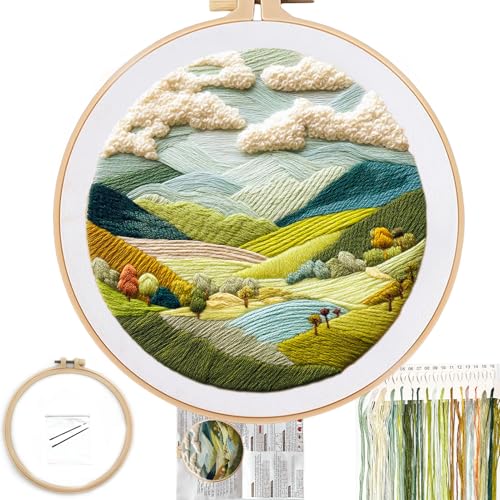 FONNUY Stickset für Anfänger, Naturhügel, Landschaft, vorgestanzte Muster-Sets für Erwachsene mit Reifen, leicht verständliche Farbfaden-Nadelarbeit, 20,3 cm (8 Zoll) Reifen (Rolling Mountains) von FONNUY
