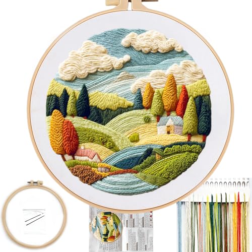 FONNUY Stickset für Anfänger, Naturhügel, Landschaft, vorgestanzte Muster-Sets für Erwachsene mit Reifen, leicht verständliche Farbfaden-Nadelarbeit, 20,3 cm (8 Zoll) Reifen (malerisch) von FONNUY