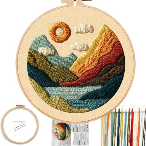 FONNUY Stickset für Anfänger, strukturierte lebendige Naturlandschaft, vorgestanzte Muster-Sets für Erwachsene mit Reifen, leicht verständliche Farbfaden-Nadelarbeit, 20,3 cm (Grün 1) von FONNUY