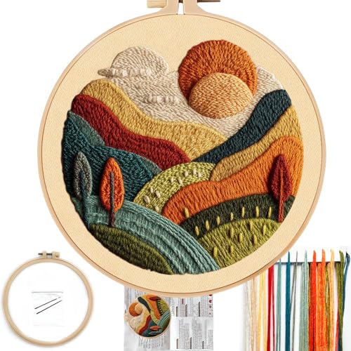 FONNUY Stickset für Anfänger, strukturierte lebendige Naturlandschaft, vorgestanzte Muster-Sets für Erwachsene mit Reifen, leicht verständliche Farbfaden-Nadelarbeit, 20,3 cm (Grün 2) von FONNUY