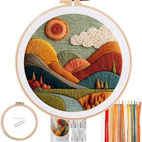 FONNUY Stickset für Anfänger, strukturierte lebendige Naturlandschaft, vorgestanzte Muster-Sets für Erwachsene mit Reifen, leicht verständliche Farbfaden-Nadelarbeit, 20,3 cm (Rot 1) von FONNUY
