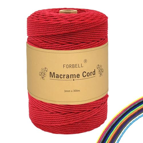 FORBELL Makramee Garn, 2mm x 300m Premium Baumwollgarn, DIY Handwerk (Rot, 3 mm x 300 M) von FORBELL