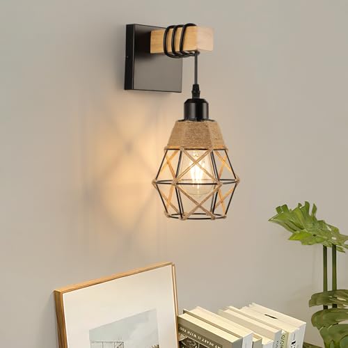 FORCOSO Wandleuchte Innen, Vintage Wandlampe Holz Metall Juteseil, E27 Wandbeleuchtung Schwarz Braun Wand Lampe, Retro Industrial Wall Light Fixtures Indoor Wohnzimmer Schlafzimmer Flur Treppenhaus FORCOSO Wandleuchte Innen, Vintage Wandlampe Holz Metall Juteseil, E27 Wandbeleuchtung Schwarz Braun Wand Lampe, Retro Industrial Wall Light Fixtures Indoor Wohnzimmer Schlafzimmer Flur Treppenhaus von FORCOSO
