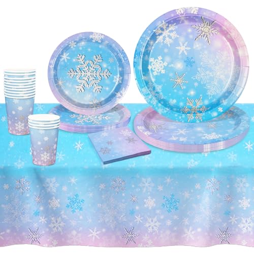 Winter-Wunderland-Geschirr, blau, lila, Party-Pappteller, Becher und Servietten, Eiskönigin-Partygeschirr für Geburtstag, Hochzeit, Kinderpartys, 69 Stück Winter-Wunderland-Geschirr, blau, lila, Party-Pappteller, Becher und Servietten, Eiskönigin-Partygeschirr für Geburtstag, Hochzeit, Kinderpartys, 69 Stück von FORETOGO