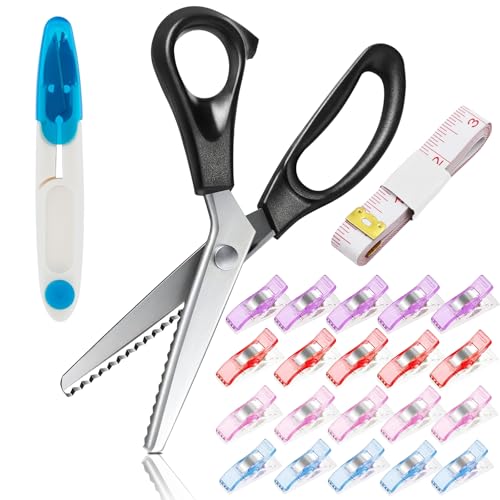 Zackenschere Stoffschere,9.2 Inch Edelstahl Schneider Zick Zack Schere für Stoff mit Schere,20 Stoffklammer 2M Schneidermaßband,für Stoff, Kraft,Handwerk,Hobby Schneiden von FORETOGO