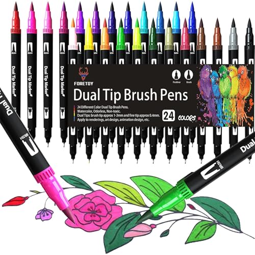 FORETOY Dual Brush Pen Set, 24 Farben Filzstifte Dicke und Dünne Pinselstifte Für Kinder Erwachsene Bullet Journal Stifte, Handlettering, Manga, Mandala, Malbücher, Pinselspitzen und Fineliner von FORETOY