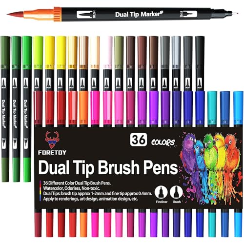 FORETOY Dual Brush Pen Set, 36 Farben Filzstifte Dicke und Dünne Pinselstifte Für Kinder Erwachsene Bullet Journal Stifte, Handlettering, Manga, Mandala, Malbücher, Pinselspitzen und Fineliner von FORETOY