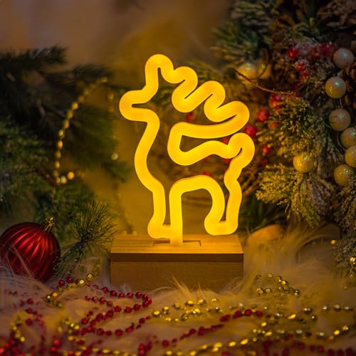 Forever Light Neon Holzständer LED RENTIER warmweiß Deko stehend Neonlichter USB und Batteriebetrieben Weihnachtsdekoration Weihnachtsfigur von FOREVER