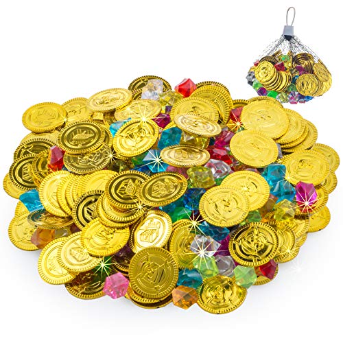 FORMIZON 100pcs Pirat Münzen + 100pcs Piraten Edelsteine, Goldmünzen des Piratenschatz Spielzeugs und Piraten Schmucksteine für Kinder Party Favor Piratenparty Mitgebsel (Goldmünze und Schmucksteine) von FORMIZON
