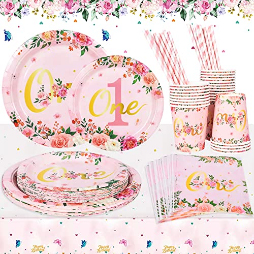 FORMIZON 121 Teile Mädchen Erster Geburtstag Party Set, 1. Geburtstag Mädchen Deko Partygeschirr Set für 24 Gäste, Rosa Blumen Pappteller Becher Servietten Strohhalme Tischdeko Geburtstagsdekoration FORMIZON 121 Teile Mädchen Erster Geburtstag Party Set, 1. Geburtstag Mädchen Deko Partygeschirr Set für 24 Gäste, Rosa Blumen Pappteller Becher Servietten Strohhalme Tischdeko Geburtstagsdekoration von FORMIZON