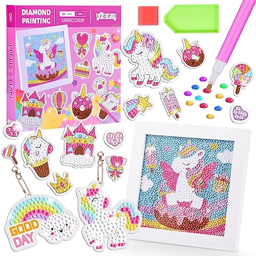 FORMIZON Diamond Painting Kinder Set, 12 Stück Diy Cartoon Diamantmalerei, 5D DIY Diamond Painting Einhorn, Diamant Painting Bilder Kinder mit Holzrahmen, Schlüsselanhänger ab 5-10 Jahre Mädchen von FORMIZON