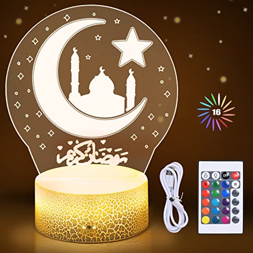 FORMIZON Mubarak Ramadan LED Lampe, Eid Dekorationen Mond Stern Nachtlichter, Mondlampe Eid mit Fernbedienung, 3D 16 Farben DIY Muslimischer Beleuchtung Islamischer Lichter für Hause Tisch Dekoration von FORMIZON