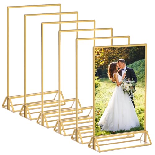 6 Stück Acryl Tischnummern 10x15, Gold Bilderrahmen Aufsteller Menu Tischkartenhalter, Vertikale Anzeigetafel mit Sockel für beidseitige Präsentation, Hochzeit, Restaurants, Café, Ausstellungen von FORNORM
