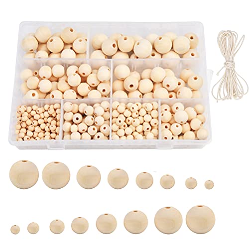 FOROREH 485Pcs holzkugeln mit loch, Runde Holzperlen Set, 8 Größen Naturperlen mit Loch, Holzkugeln Bastelperlen für handgefertigte Schmuck Armband Halskette (6, 8, 10, 12, 14, 16, 18, 20 mm) von FOROREH