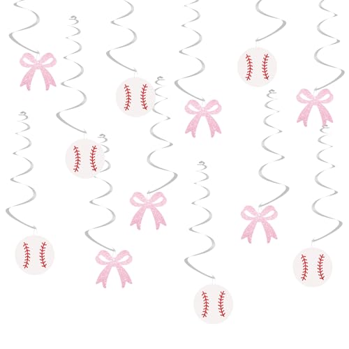 24 Stück Baseball- oder Schleifen, hängende Wirbel-Dekorationen, Baseball-Geschlechtsoffenbarung, Junge oder Mädchen, hängende Banner, Baseball oder rosa Schleife, hängende Wirbel für Babyparty von FORSHEEP