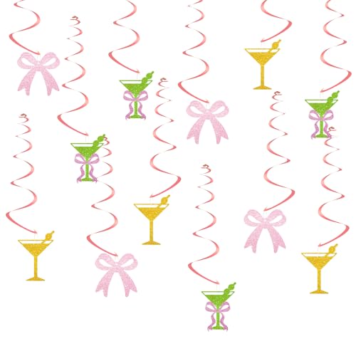 24pcs Martini Party Hanging Swirl Decorations, Cocktail Cups Pink Bow Ceiling Whirl Streamer Hanging Banner, Martini Bow Hanging Swirls for Bachelorette/Bridal Shower Party Decoration von FORSHEEP