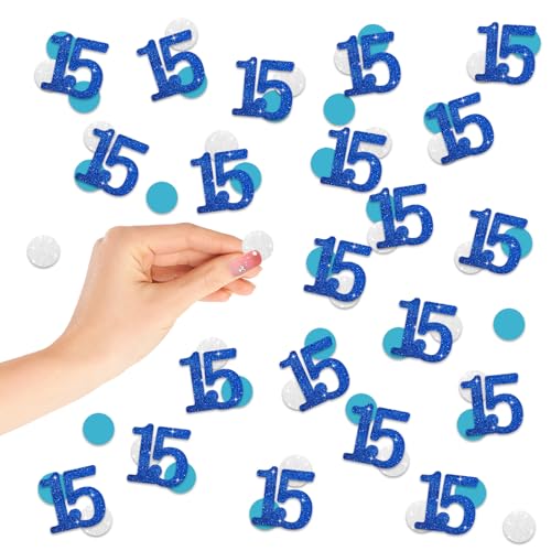 Konfetti, Zahl 15, blau, glitzernd, Papierkonfetti, silberfarbene Kreisausschnitte für Geburtstag, 15. Jahrestag, Party-Dekoration, 200 Stück Konfetti, Zahl 15, blau, glitzernd, Papierkonfetti, silberfarbene Kreisausschnitte für Geburtstag, 15. Jahrestag, Party-Dekoration, 200 Stück von FORSHEEP