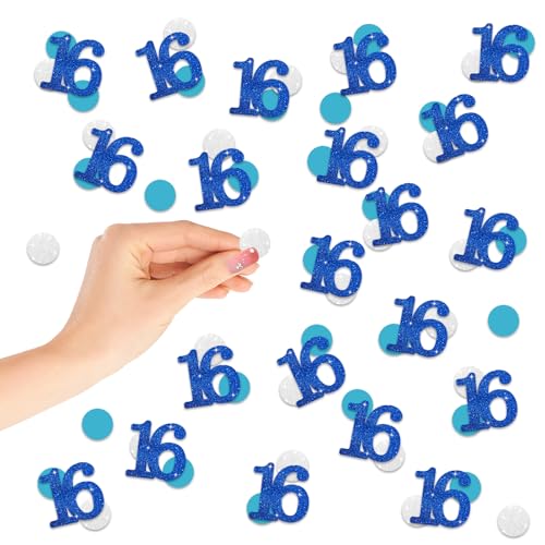 Konfetti, Zahl 16, blau, glitzernd, Papierkonfetti, silberfarbene Kreisausschnitte für Geburtstag, 16. Jahrestag, Party-Dekoration, 200 Stück Konfetti, Zahl 16, blau, glitzernd, Papierkonfetti, silberfarbene Kreisausschnitte für Geburtstag, 16. Jahrestag, Party-Dekoration, 200 Stück von FORSHEEP