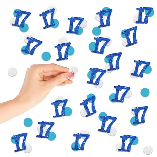Konfetti, Zahl 17, blau, glitzernd, Papierkonfetti, silberfarbene Kreisausschnitte für Geburtstag, 17. Jahrestag, Party-Dekoration, 200 Stück Konfetti, Zahl 17, blau, glitzernd, Papierkonfetti, silberfarbene Kreisausschnitte für Geburtstag, 17. Jahrestag, Party-Dekoration, 200 Stück von FORSHEEP
