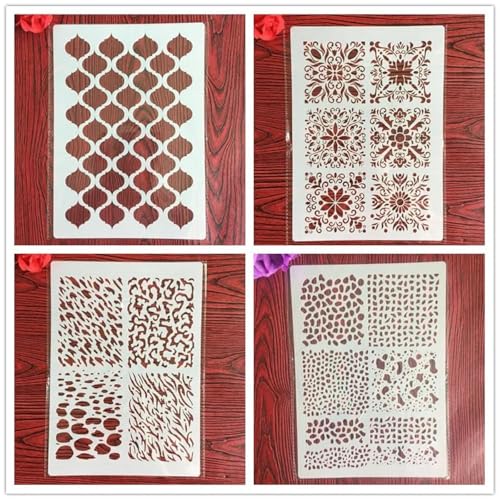 Wiederverwendbare Schablonen, 4 Stück, 29 x 21 cm, geometrische Muster, Schablonen zum Malen auf Holz, Möbel, Boden, Dekoration, DIY-Zubehör von FOSANGNANTU