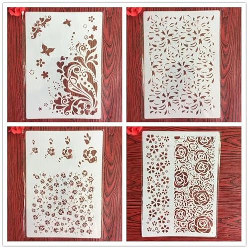 Wiederverwendbare Schablonen, 4 Stück, A4, 29 x 21 cm, Rosen-Blumen-Schablone zum Malen auf Holz, Möbel, Boden, Dekoration, DIY-Zubehör von FOSANGNANTU