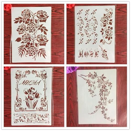 Wiederverwendbare Schablonen, A4, 29 x 21 cm, Blumenschablone zum Malen auf Holz, Möbel, Boden, Dekoration, Bastelzubehör, Muster B, 4 Stück von FOSANGNANTU