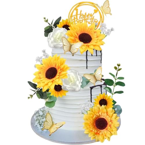 FOSDICK 28 PCS Tortendeko Sonnenblume, Happy Birthday Tortendeko, Kunstblumen Schmetterling Torten Deko, Boho Kuchen Deko Set, Cake Topper für Babyparty Hochzeit Geburtstag Kommunion Taufe Party von FOSDICK